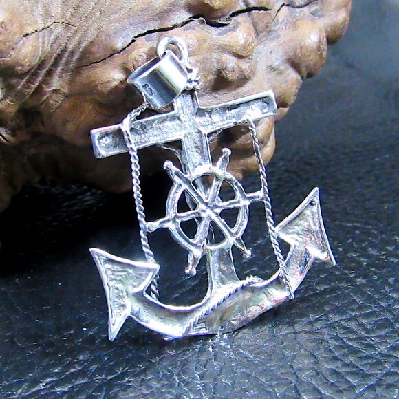 Solid 925 Sterling Silver Anchor With Helm & Crucifix Pendant - Nautical Jewelry - Picture 3 of 8